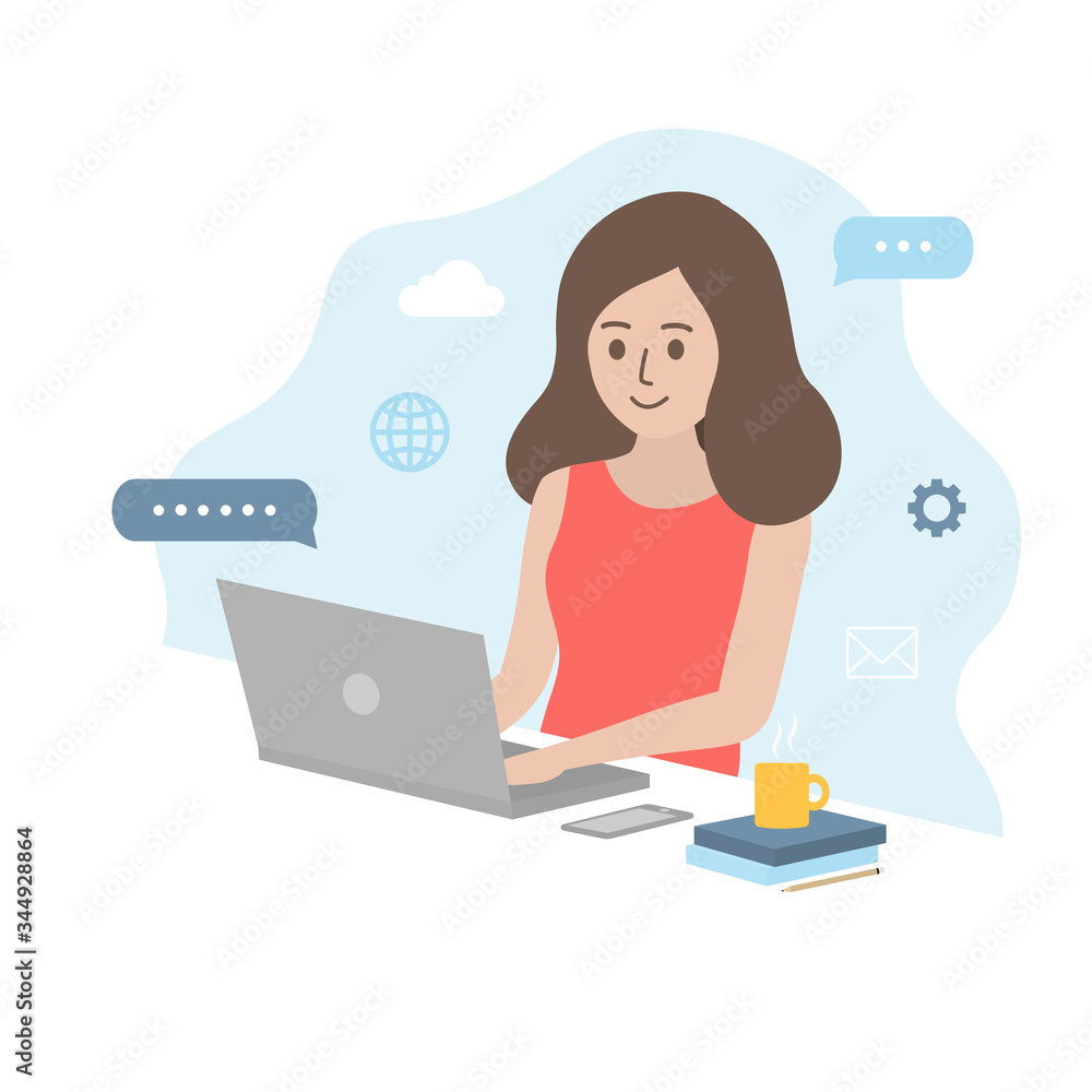 Woman studying with laptop, working from home at home office, connecting online network during Coronavirus outbreak. Remote working, communication and business concept. Flat style vector illustration.