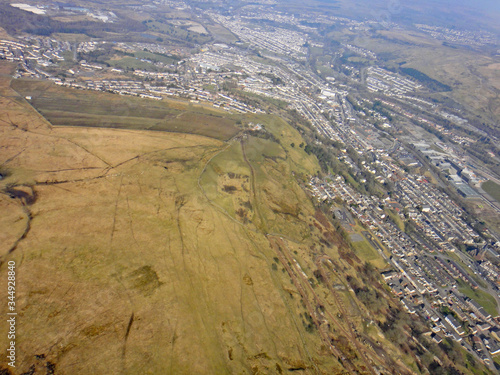 Aerial view of Ebbw Vale town in the Welsh Valleys 