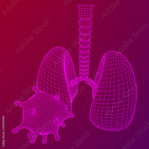 Corona Virus and Lungs with trachea bronchi internal organ human. Covid virus pulmonology medicine science concept. Wireframe low poly mesh vector illustration.