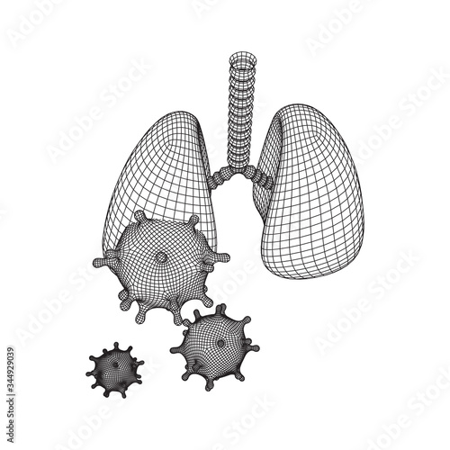 Corona Virus and Lungs with trachea bronchi internal organ human. Covid virus pulmonology medicine science concept. Wireframe low poly mesh vector illustration.