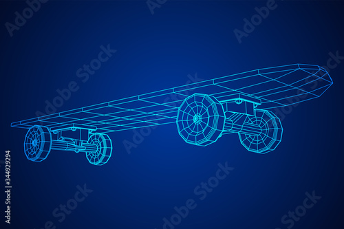 Skateboard longboard pennyboard. Eco alternative city transport. Wireframe low poly mesh vector illustration.