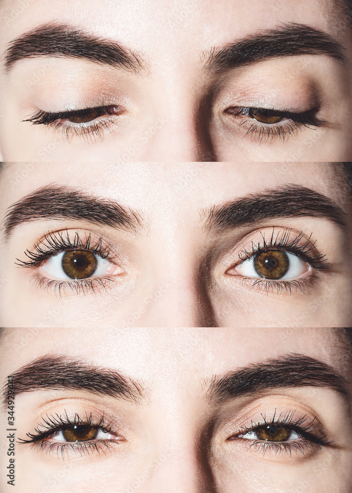 Fototapeta premium Collage of beautiful female eyes. Brown eyes close up. Collage of eyes close-up. Open eyes. Eyes look down. Squinted, cunning, suspicious eyes. Eyes and eyebrows. Mascara on the eyelashes.