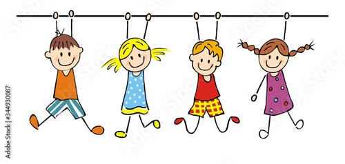 Happy kids, hanging girls and boys, funny vector illustration