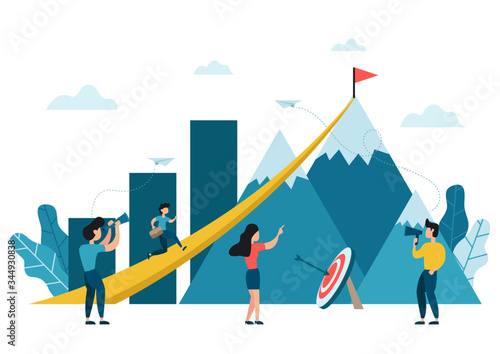 Vector illustration, people run to their goal on the peak of the mountain with the graphs and arrow target, move up motivation, the path to the target's achievement, mission and vision.