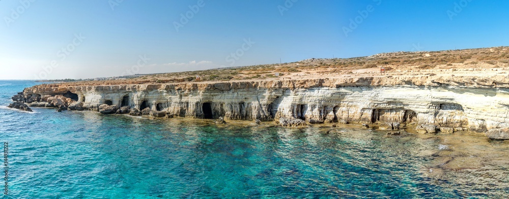 Sea caves near Ayia Napa and Protaras. Cavo Greco, Cyprus island, Mediterranean Sea.