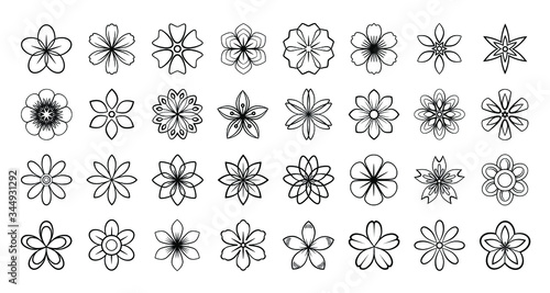 Set of floral elements. Vector flowers black outline collection, line art flowers for your design, isolated on white background, monochrome.Abstract Flower.Simple plant contour thin line icons set.