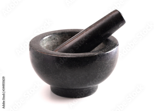Canvastavla Black Stone Mortar and Pestle Isolated on a White Background