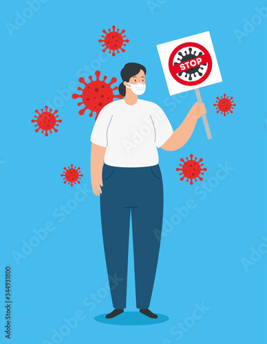 campaign of stop 2019 ncov with woman using face mask vector illustration design