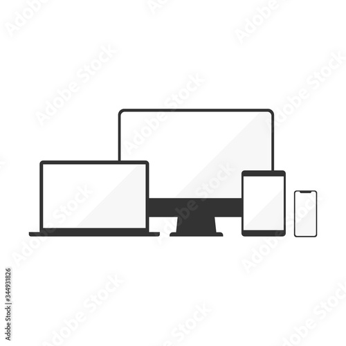 Device icons: smart phone, tablet, laptop and desktop computer. Vector illustration of responsive web design