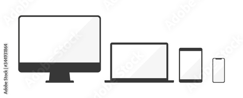 Device icons: smart phone, tablet, laptop and desktop computer. Vector illustration of responsive web design