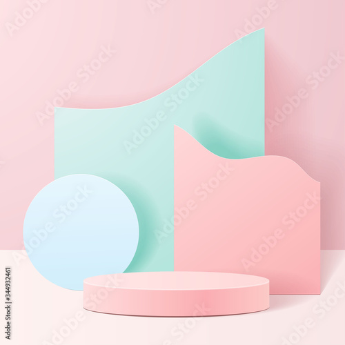 Pastel color shapes on natural. minimal scene with geometrical forms. cylinder podiums in pink background. Scene to show cosmetic product, presentation, Showcase, shopfront, display case. 3d vector