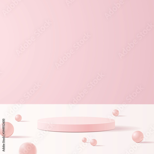 minimal scene with geometrical forms. cylinder podiums in soft pink background with balls. Scene to show cosmetic product, Showcase, shopfront, display case. 3d vector illustration.