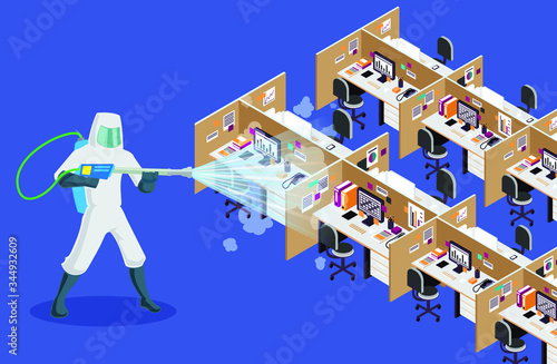 Sanitize office for covid 19 virus disease. Office disinfectant and sensitization with comical spray at workstation area. Vector illustration of Pest control services.