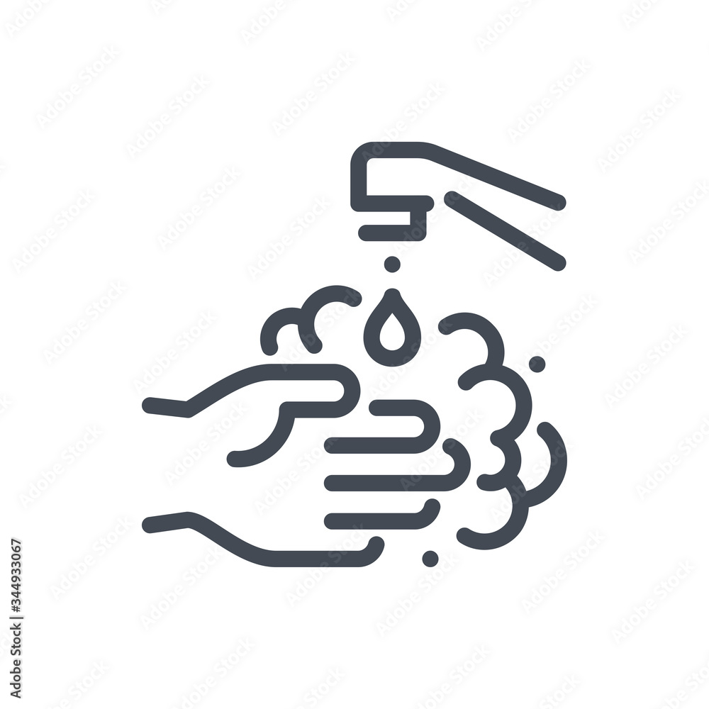 Washing hands with foam line icon. Hand wash vector outline sign.