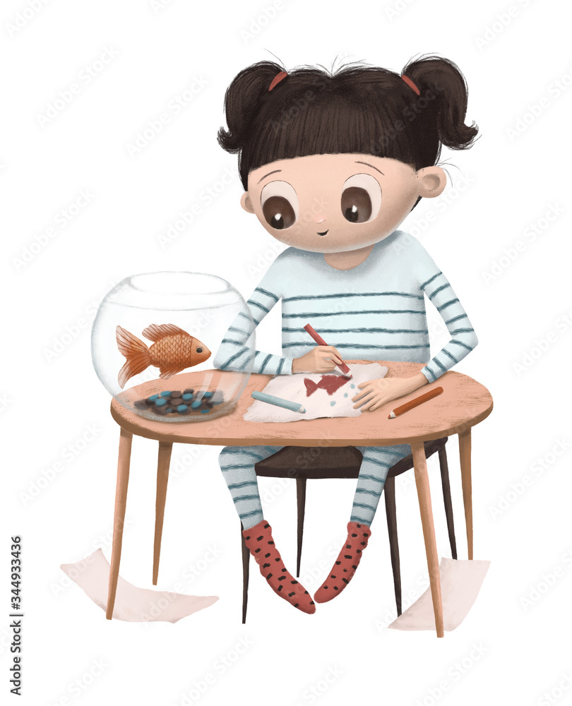 Illustration of a little girl with a fish