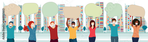 Group of multi-ethnic people with medical masks marching and holding speech bubbles in a protest. Demonstration for lockdown and unemployment due to the covid-19 coronavirus pandemic