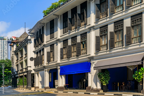 Photography Famous Club street in Singapore Chinatown with ornate colonial shop houses