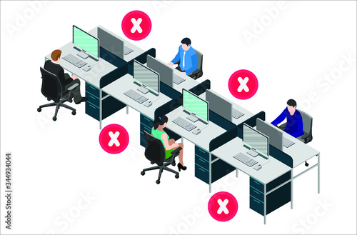 Social distancing at office workstation. Employees are working together on desk with maintaining distance for covid 19 virus. Vector illustration of office signage.