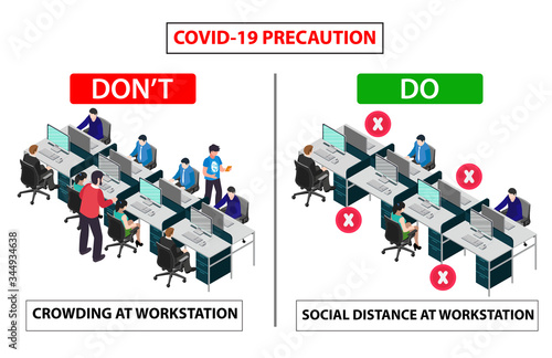 Do and don't poster for covid 19 corona virus. Safety instruction for office employees and staff. Social distance maintain at workstation desk.