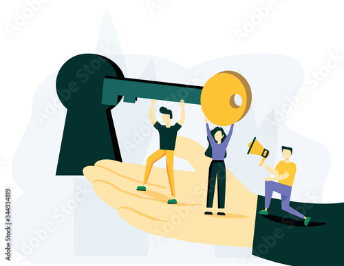 Vector illustration, creative concept idea key to success, teamwork. Vector creative illustration of business graphics, the company is engaged in the joint construction of column graphs.