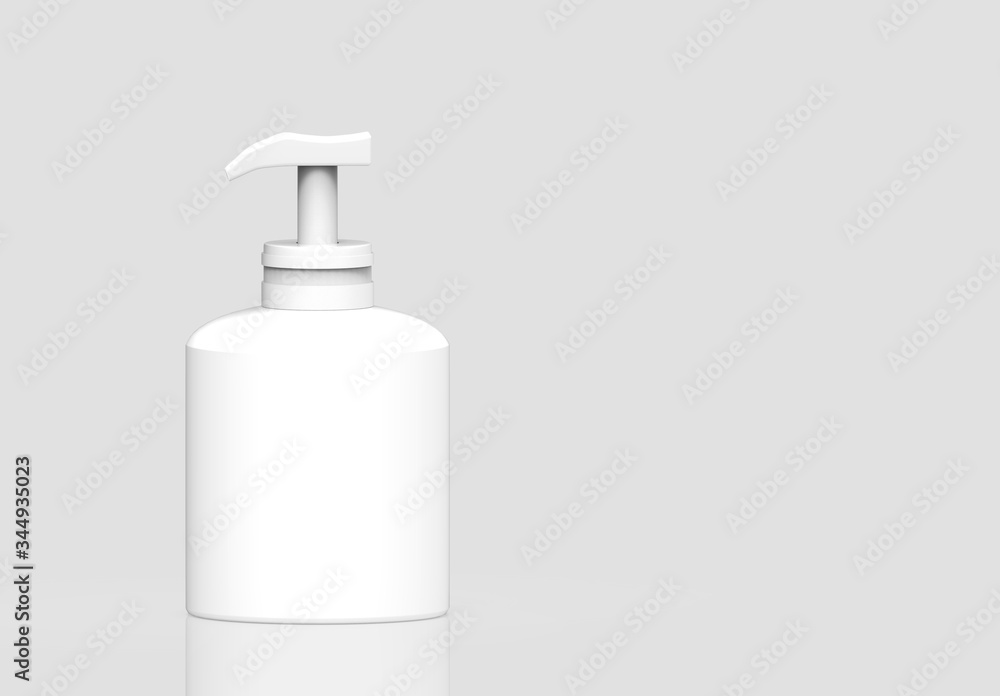 3d rendering. Empty no label white plastic liquid bottle on gray background. 3d rendering. Empty no label white plastic liquid bottle on gray background.