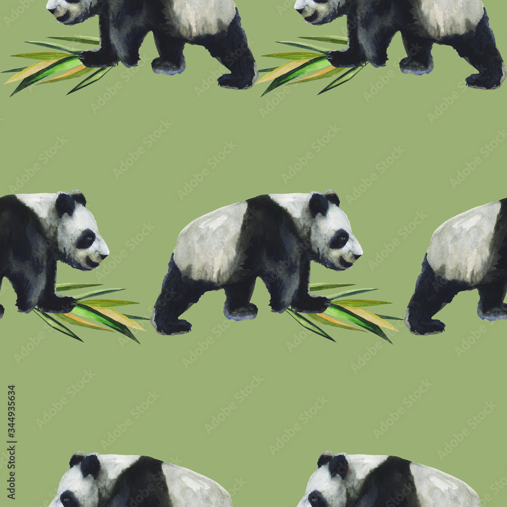 Naklejka premium Watercolor seamless pattern with panda hand drawing decorative background. Print for textile, cloth, wallpaper, scrapbooking