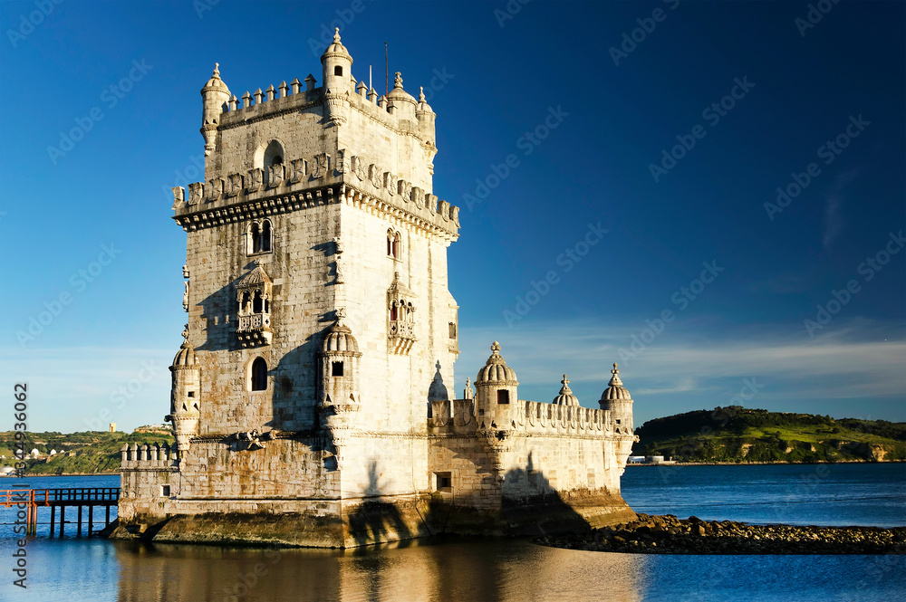 View of the Belem tower at the bank of Tejo River, Lisbon, Portugal