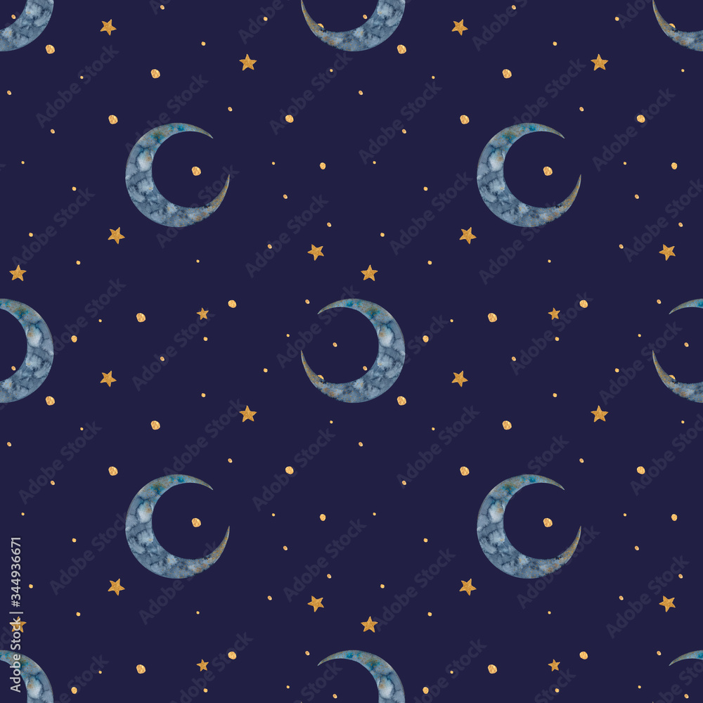 Naklejka premium Watercolor seamless pattern with crescent and gold stars on a purple background.