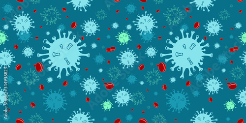 Seamless Pattern of Corona Virus Disease 2019. Covid-19 alpha delta virus background with disease cells and red blood cell, global spread dangerous coronavirus pandemic illustration concept.