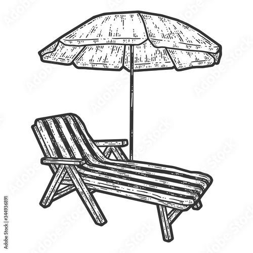 Deckchair and beach umbrella. Sketch scratch board imitation. Black and white.