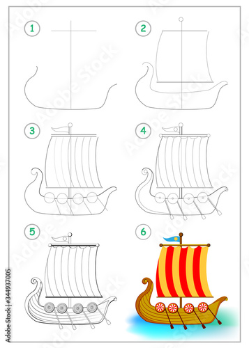 Page shows how to draw step by step toy Viking ancient sailboat. Developing children skills for drawing and coloring. Printable worksheet for kids school exercise book. Flat vector illustration.