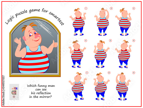 Logic puzzle game for children and adults. Which funny man can see his reflection in the mirror? Printable page for brain teaser book. Developing kids spatial thinking. Flat vector illustration.