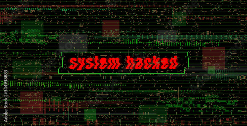 System Hacked banner in a distorted glitch style on a black background. Design element for event advertising, branding, shares, promotion. Vector illustration.