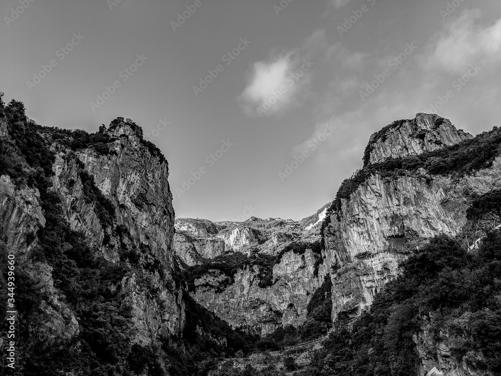 Black and White Photography of Mountains on the Amalfi Coastline, Italy