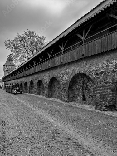 Black and White Photography of a Fortress Wall - Zidul Cetatii street from old town Sibiu, Romania