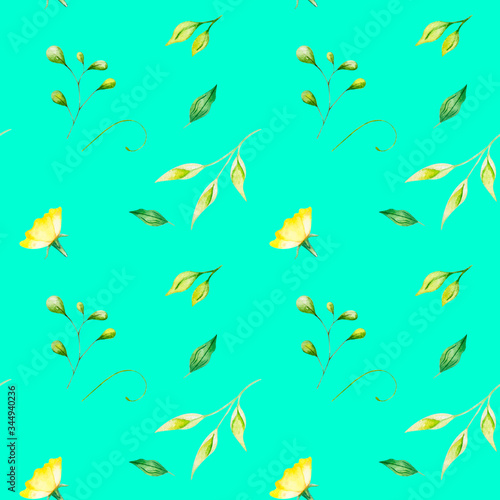 Delicate watercolor pattern with yellow roses and leaves.