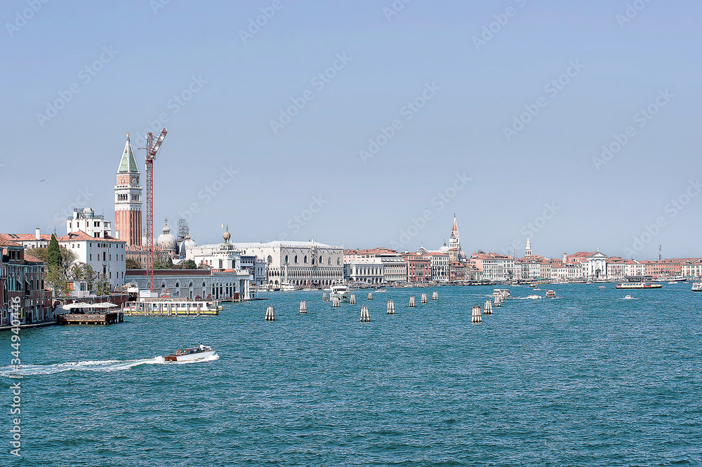 View to the city center and water traffic in summer Venice