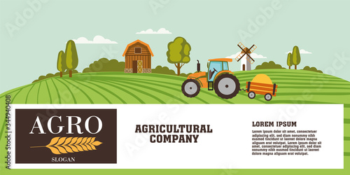 Agriculture banner or header design with copy space below a farming scene with tractor working in the fields and barn on the hilltop, colored vector illustration