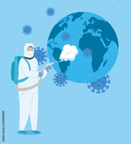 campaign of stop 2019 ncov and person using biohazard suit vector illustration design