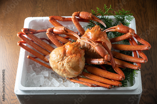 japanese snow crabs in styrofoam box photo