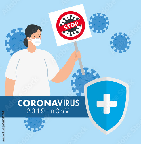 campaign of stop 2019 ncov with woman using face mask vector illustration design