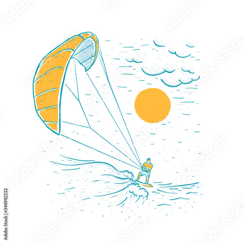 Kite surfing. Sketch vector white illustration with hand drawn kite surfer, clouds, wave. Water sports.