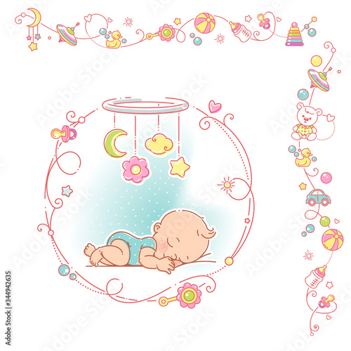 Baby boy with decorative frame and borders.