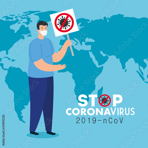 campaign of stop 2019 ncov with man using face mask vector illustration design