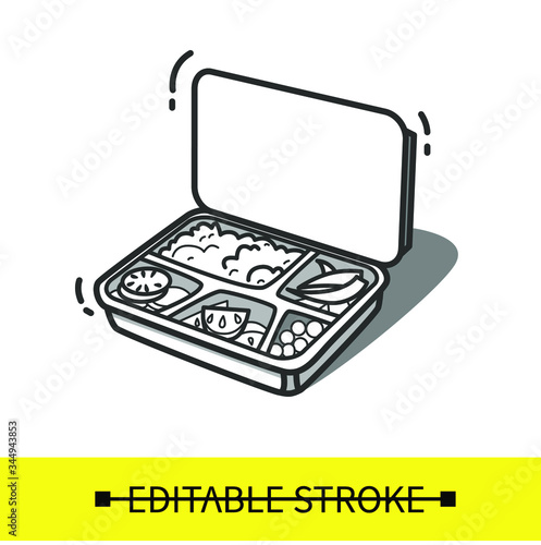 Lunchbox line icon.Container filled with rice,tomato,boiled egg and asparagus.Disposable box with healthy meal .Take away.Fast Food Packaging.Isolated vector illustration.Editable stroke
