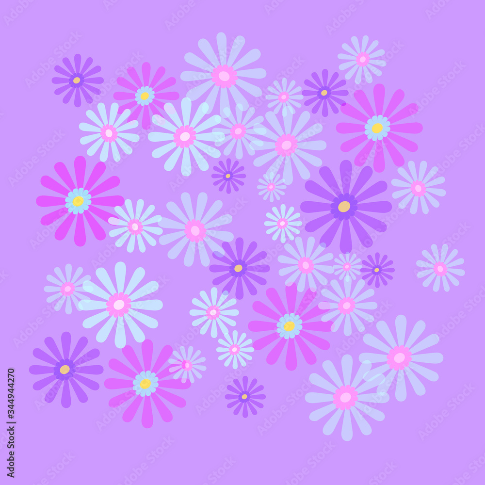 Sweet playful daisies spring and summer background with white and pastel pink and purple happy daisy flowers illustrations. Sweet playful daisies spring and summer background with white and pastel pink and purple happy daisy flowers illustrations.