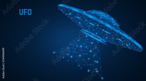 An unidentified flying ship with a light beam. A low-poly UFO model consisting of lines and dots. Blue background.