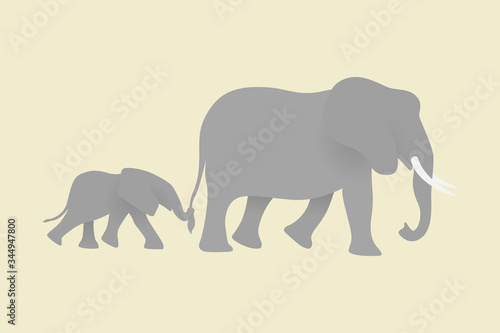Mama elephant walking with baby together on beige background. Modern vector in simple flat style. Happy Mothers day concept. Family of grey elephants. Save wildlife