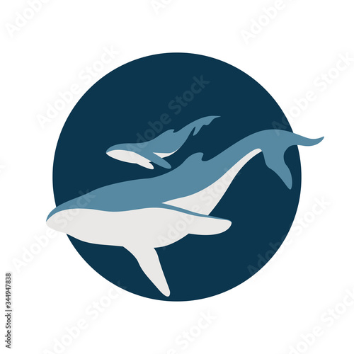 Mama whale with baby swimming together on blue background. Modern vector in simple flat style. Happy Mothers day concept. Family of whales. Save wildlife
