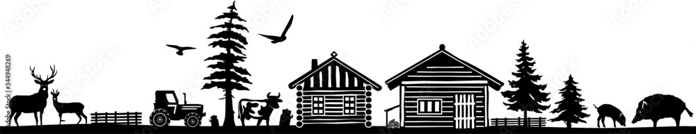Hut Landscape Village Mountain Skyline Vector